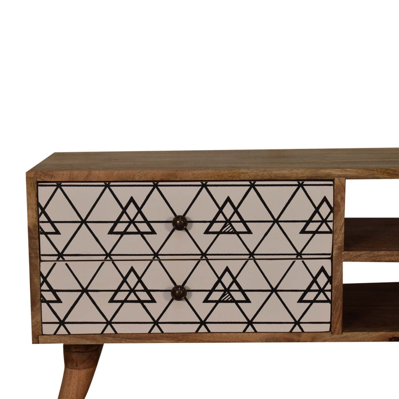 Handcrafted Triangle Printed TV Stand - Solid Mango Wood Entertainment Center for Living Room - product view 4 showing...