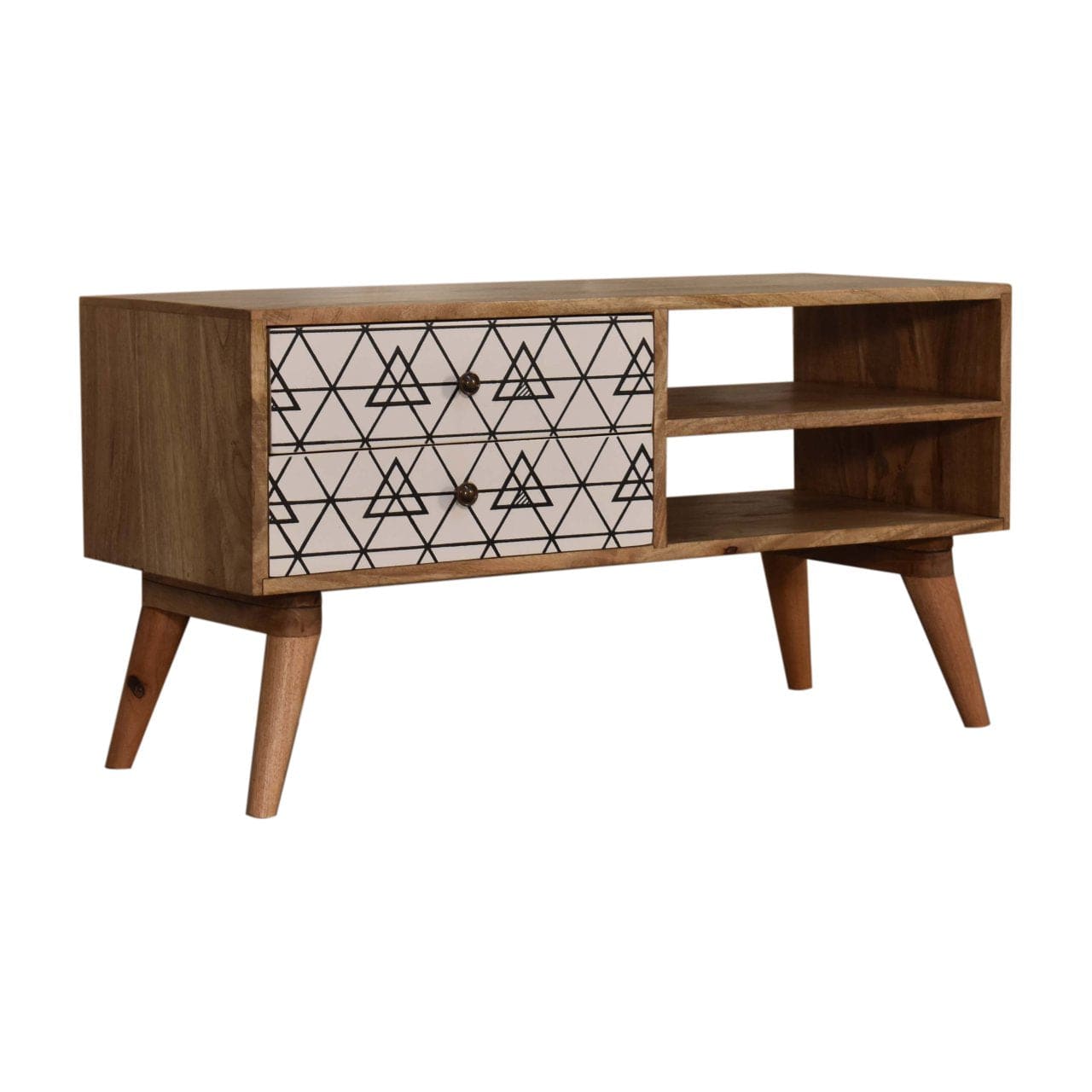 Handcrafted Triangle Printed TV Stand - Solid Mango Wood Entertainment Center for Living Room - product view 3 showing...