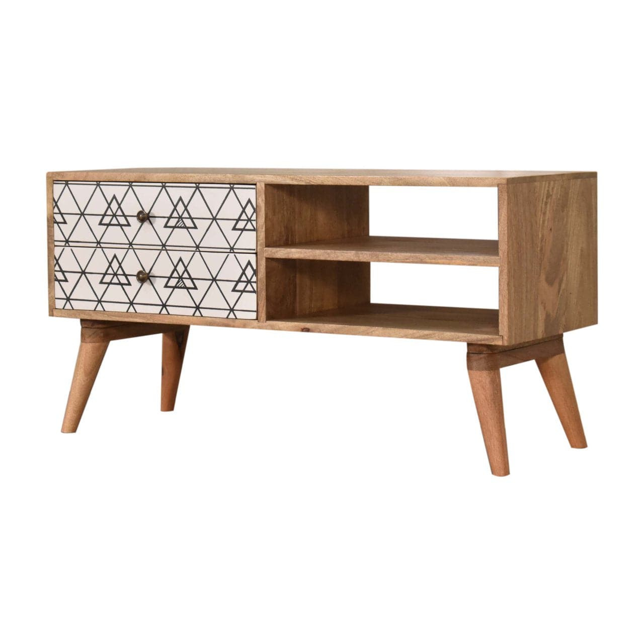 Handcrafted Triangle Printed TV Stand - Solid Mango Wood Entertainment Center for Living Room - product view 2 showing...