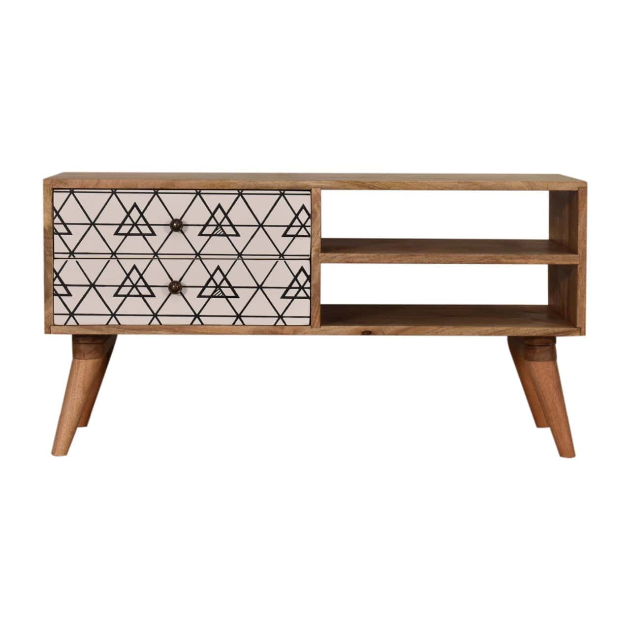 Handcrafted Triangle Printed TV Stand - Solid Mango Wood Entertainment Center for Living Room - main view showing...