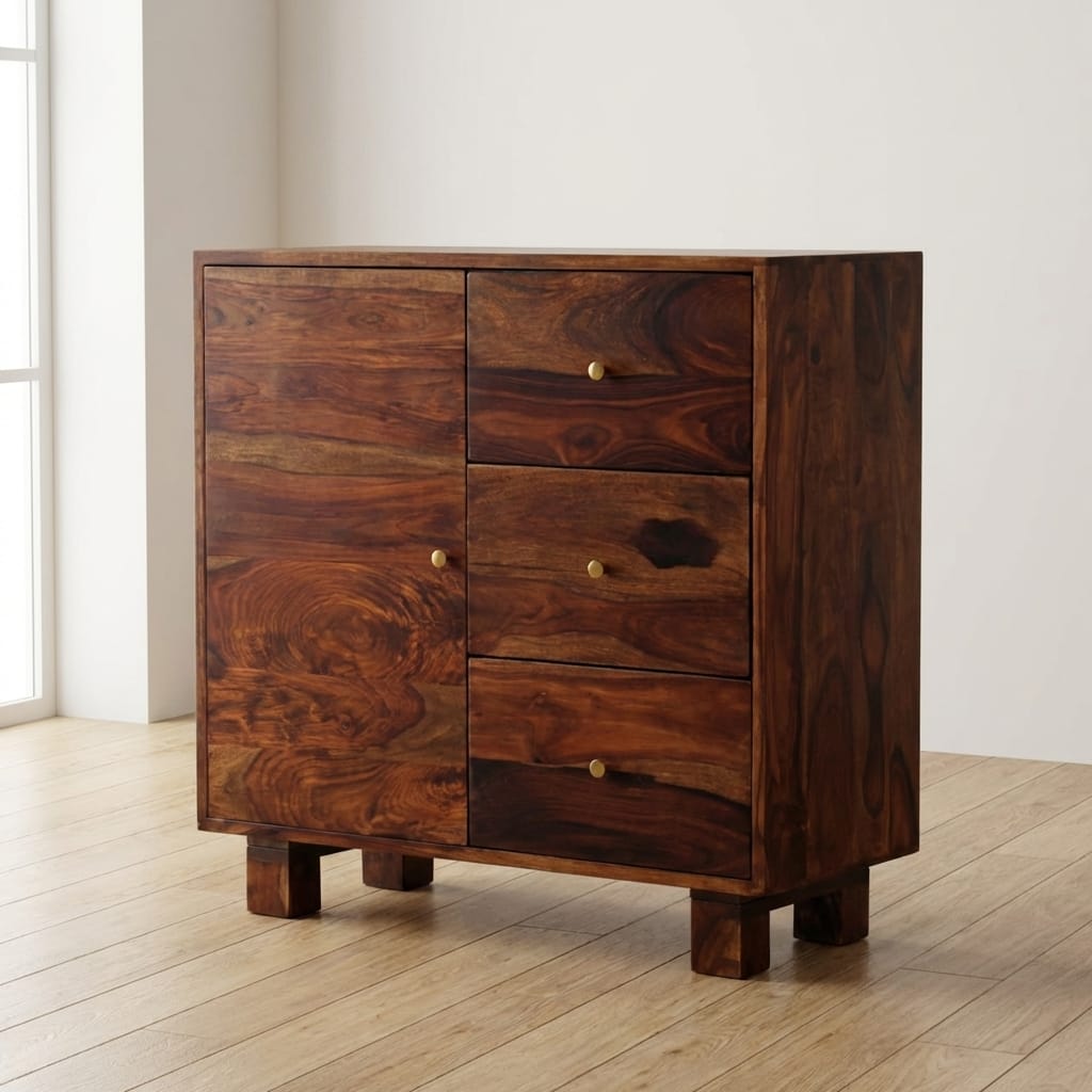 Handcrafted Tula Mini Sideboard - Solid Mango Wood Buffet Cabinet for Dining Room - main view showing handcrafted solid...