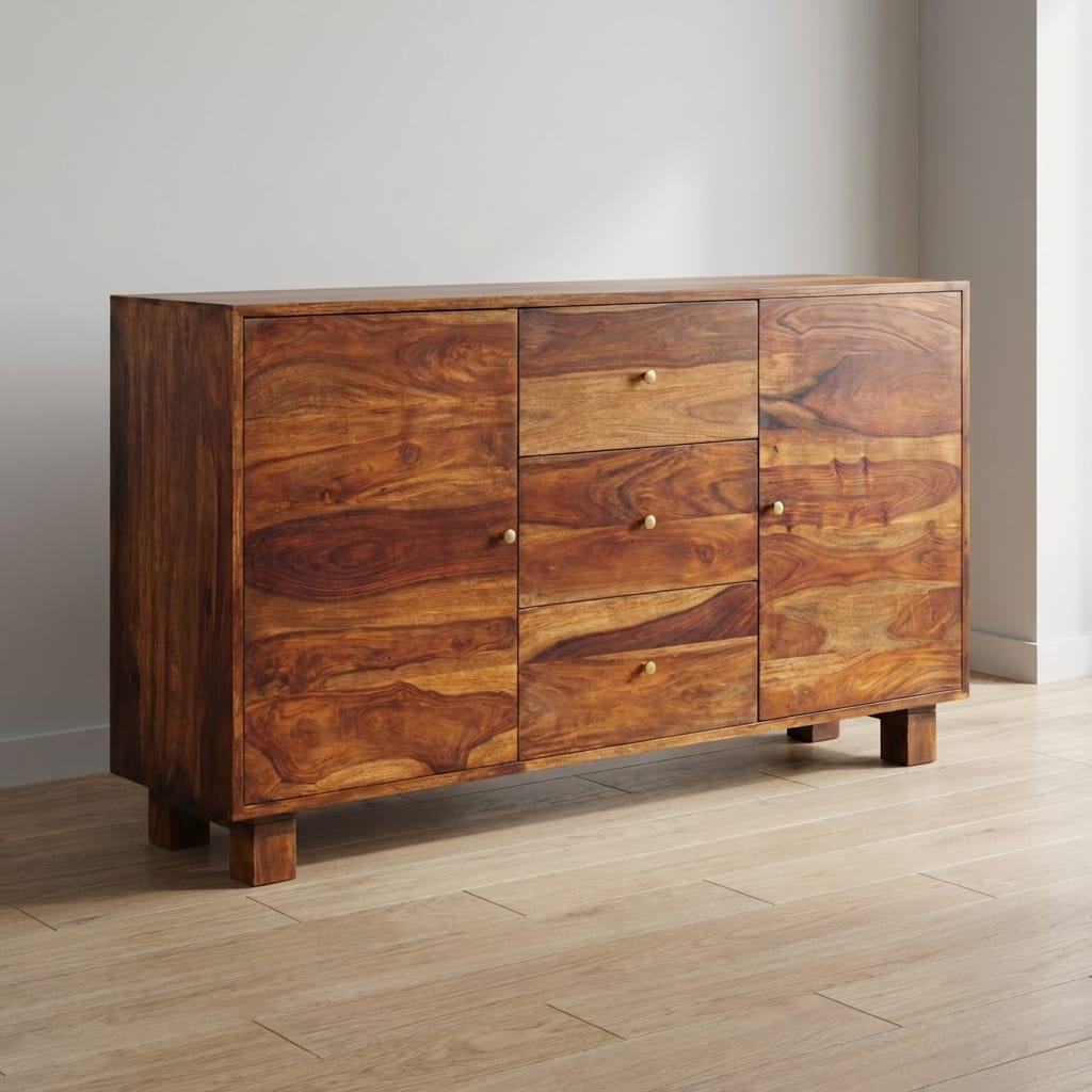 Handcrafted Tula Sideboard - Solid Sheesham Wood Buffet Cabinet for Dining Room in Solid Mango Wood - main view showing...