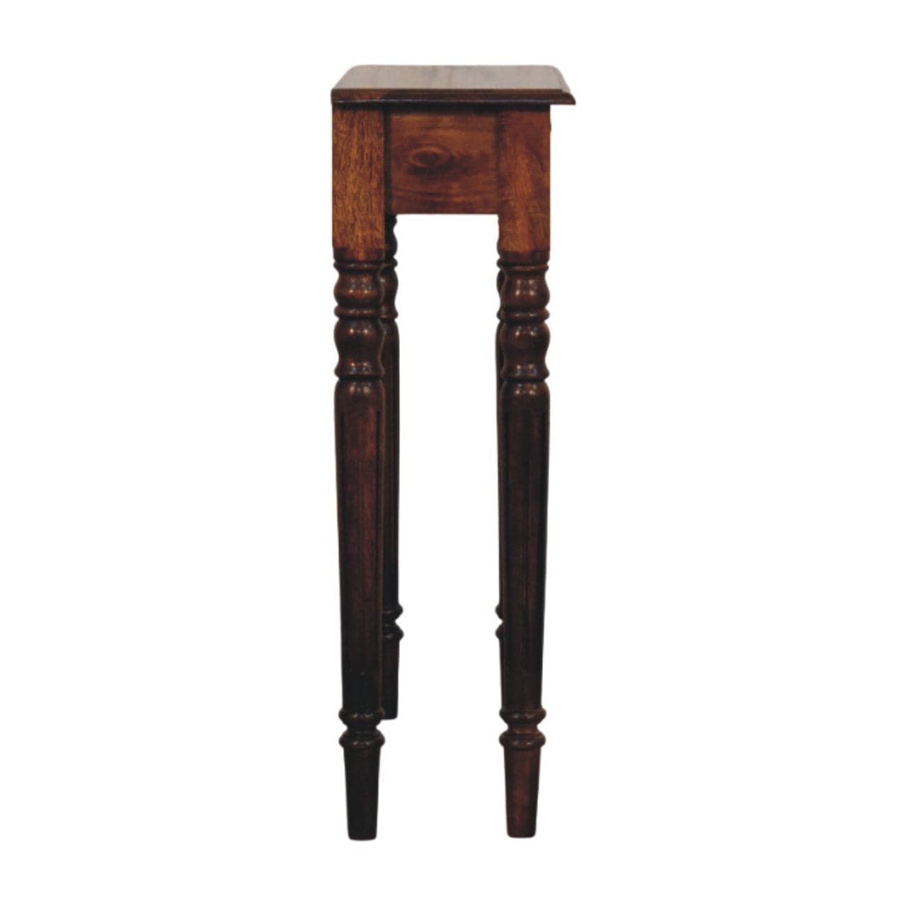 Handcrafted Turned Legs 1 Drawer Chestnut Console - Entryway & Hallway Table in Solid Mango Wood - product view 8 showing...