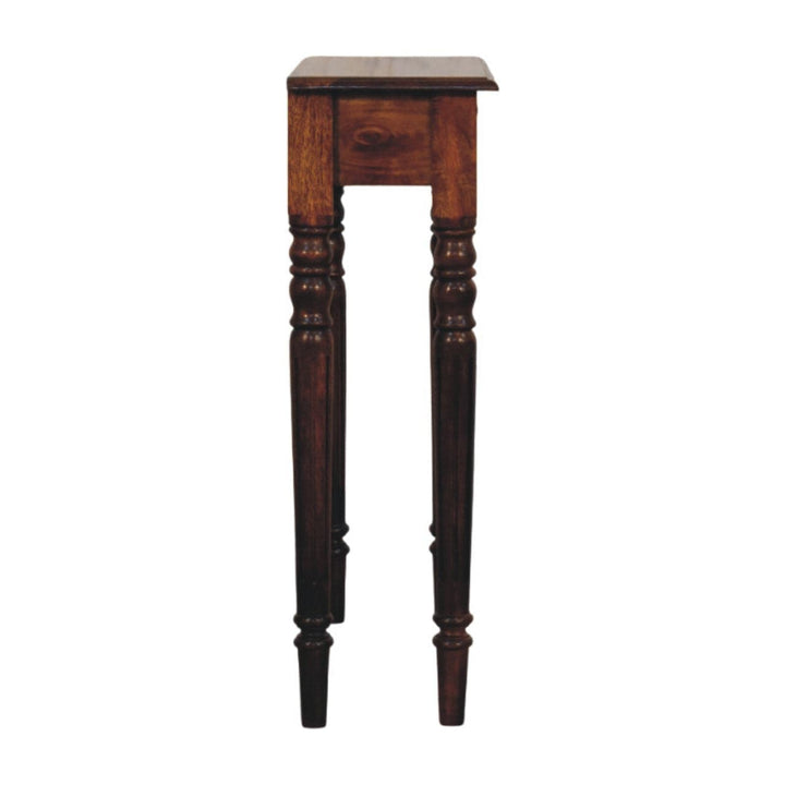 Handcrafted Turned Legs 1 Drawer Chestnut Console - Entryway & Hallway Table in Solid Mango Wood - product view 8 showing...