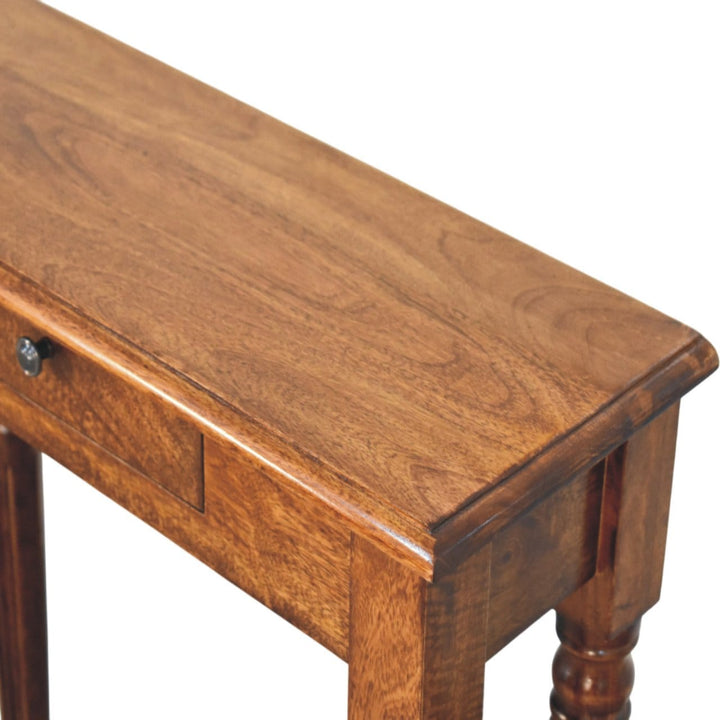 Handcrafted Turned Legs 1 Drawer Chestnut Console - Entryway & Hallway Table in Solid Mango Wood - product view 5 showing...