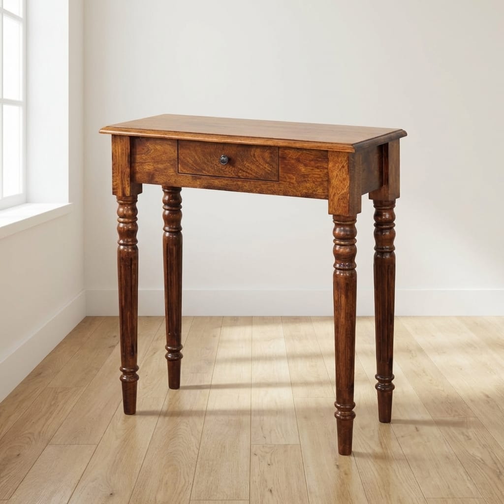 Handcrafted Turned Legs 1 Drawer Chestnut Console - Entryway & Hallway Table in Solid Mango Wood - main view showing...