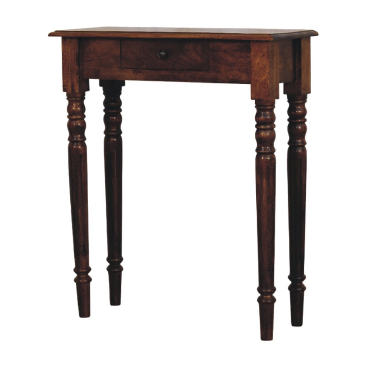 Handcrafted Turned Legs 1 Drawer Chestnut Console - Entryway & Hallway Table in Solid Mango Wood - product view 2 showing...