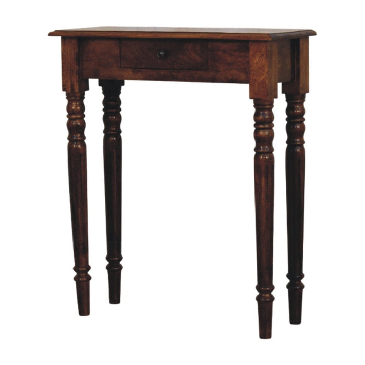 Handcrafted Turned Legs 1 Drawer Chestnut Console - Entryway & Hallway Table in Solid Mango Wood - product view 2 showing...
