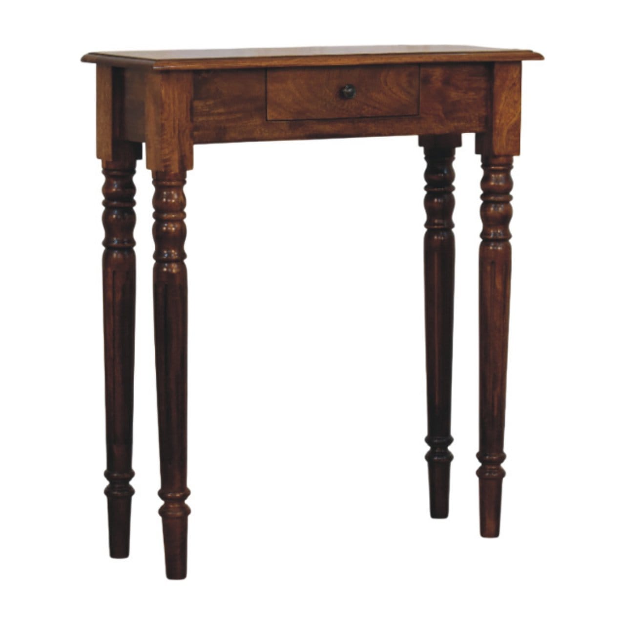 Handcrafted Turned Legs 1 Drawer Chestnut Console - Entryway & Hallway Table in Solid Mango Wood - product view 3 showing...