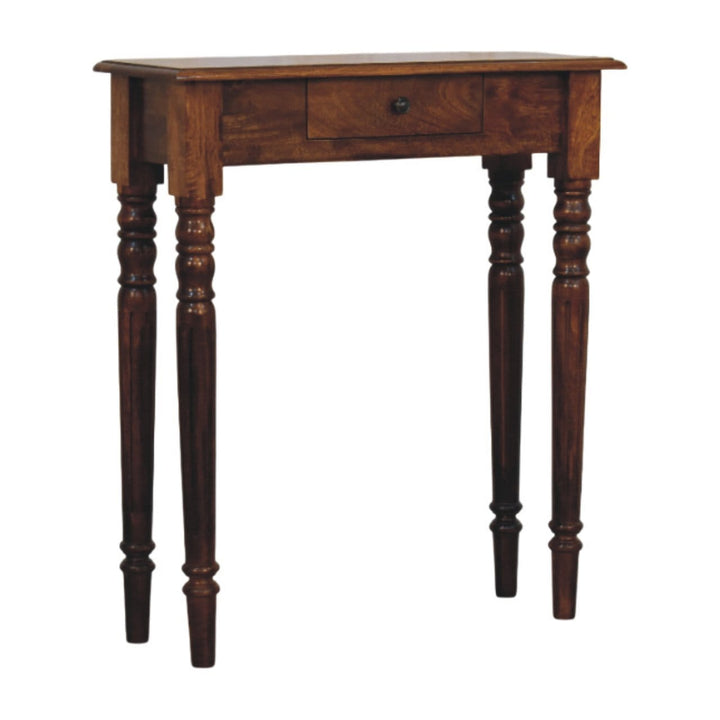 Handcrafted Turned Legs 1 Drawer Chestnut Console - Entryway & Hallway Table in Solid Mango Wood - product view 3 showing...