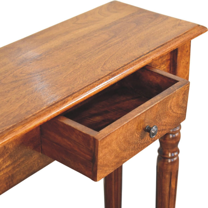 Handcrafted Turned Legs 1 Drawer Chestnut Console - Entryway & Hallway Table in Solid Mango Wood - product view 6 showing...