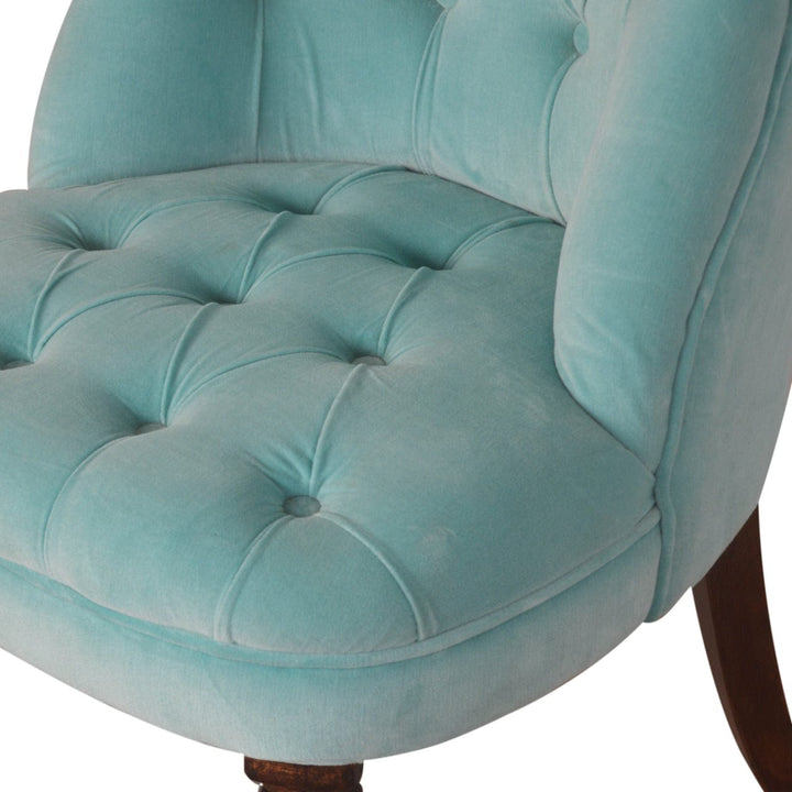 Handcrafted Turquoise Velvet Accent Chair in Solid Mango Wood - product view 5 showing handcrafted solid mango wood chair