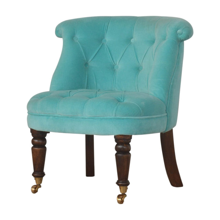 Handcrafted Turquoise Velvet Accent Chair in Solid Mango Wood - product view 2 showing handcrafted solid mango wood chair