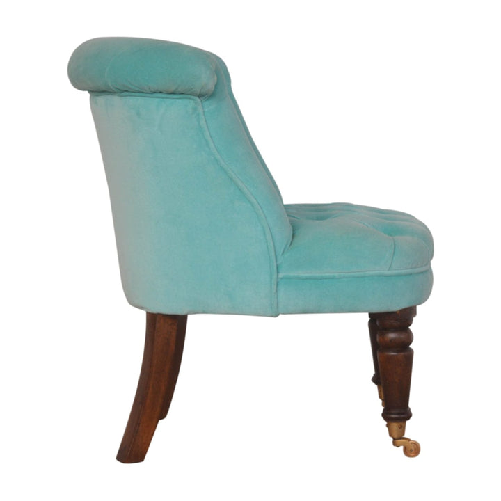 Handcrafted Turquoise Velvet Accent Chair in Solid Mango Wood - product view 8 showing handcrafted solid mango wood chair