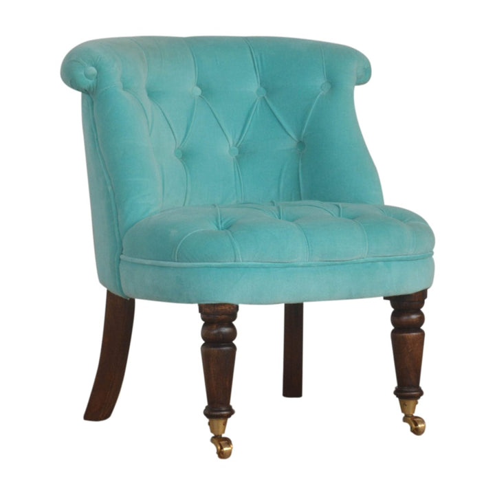 Handcrafted Turquoise Velvet Accent Chair in Solid Mango Wood - product view 3 showing handcrafted solid mango wood chair
