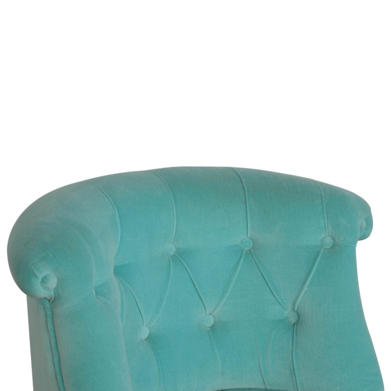 Handcrafted Turquoise Velvet Accent Chair in Solid Mango Wood - product view 4 showing handcrafted solid mango wood chair