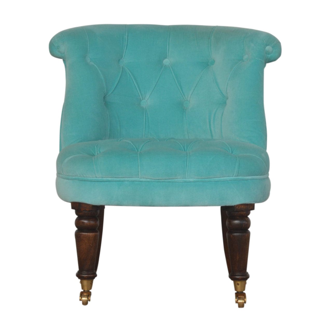 Handcrafted Turquoise Velvet Accent Chair in Solid Mango Wood - main view showing handcrafted solid mango wood chair