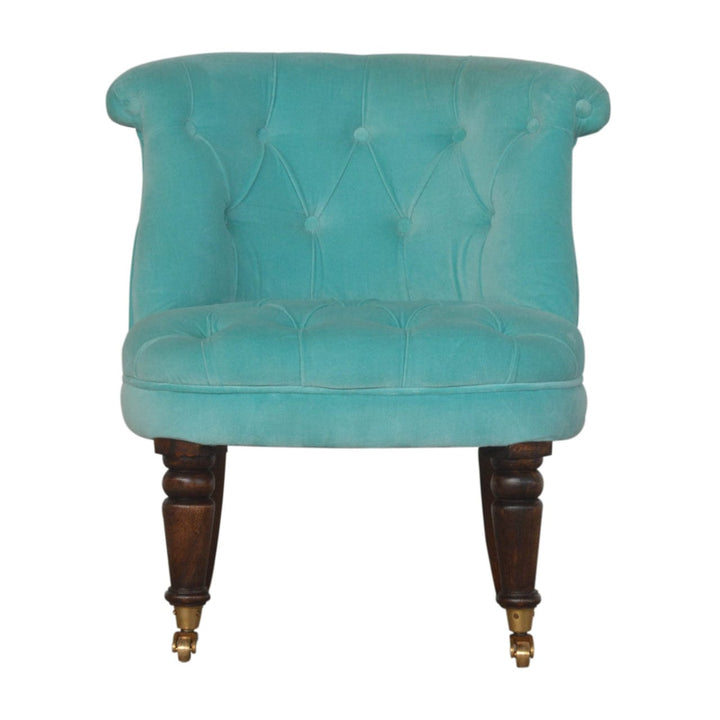 Handcrafted Turquoise Velvet Accent Chair in Solid Mango Wood - main view showing handcrafted solid mango wood chair