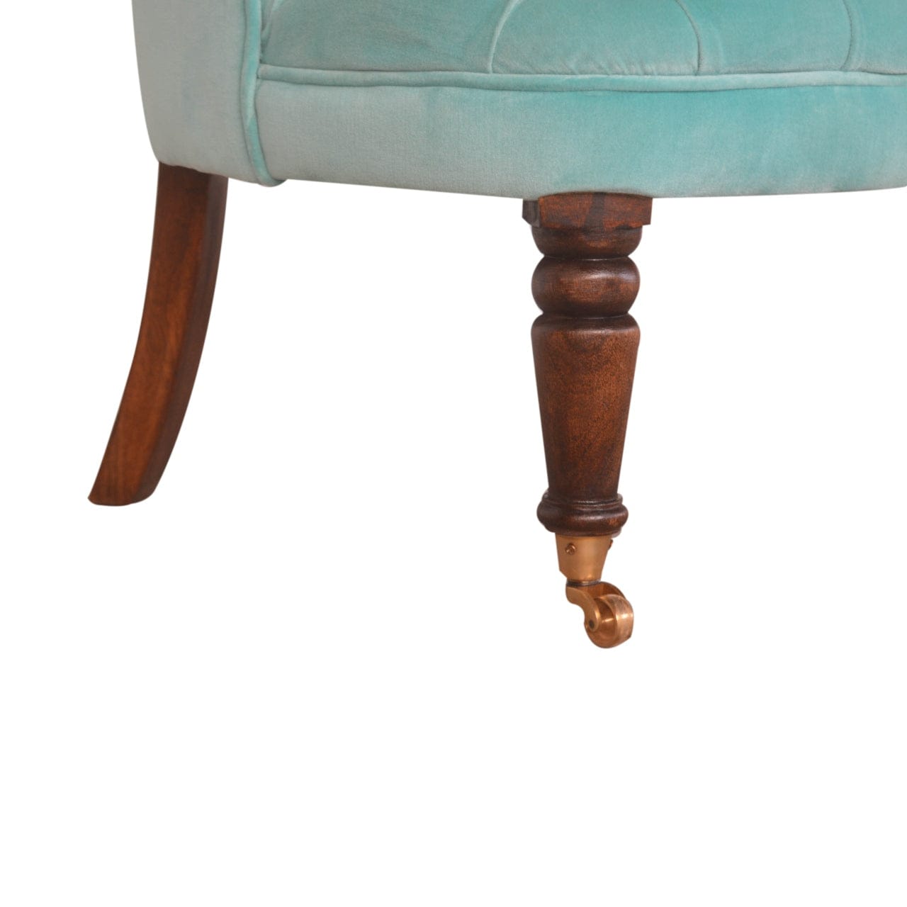 Handcrafted Turquoise Velvet Accent Chair in Solid Mango Wood - product view 7 showing handcrafted solid mango wood chair