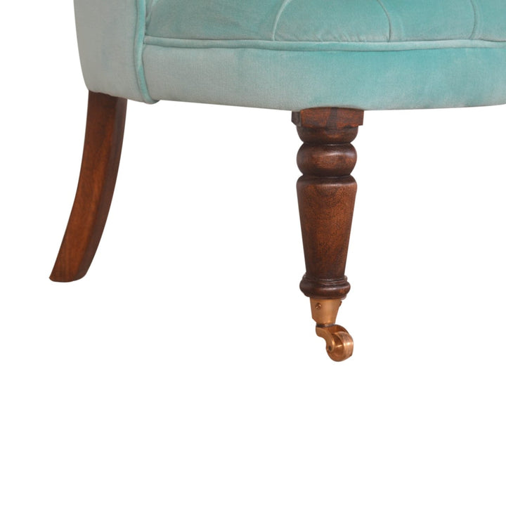 Handcrafted Turquoise Velvet Accent Chair in Solid Mango Wood - product view 7 showing handcrafted solid mango wood chair