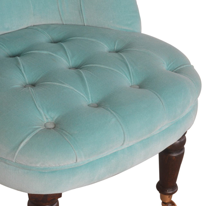 Handcrafted Turquoise Velvet Accent Chair in Solid Mango Wood - product view 6 showing handcrafted solid mango wood chair