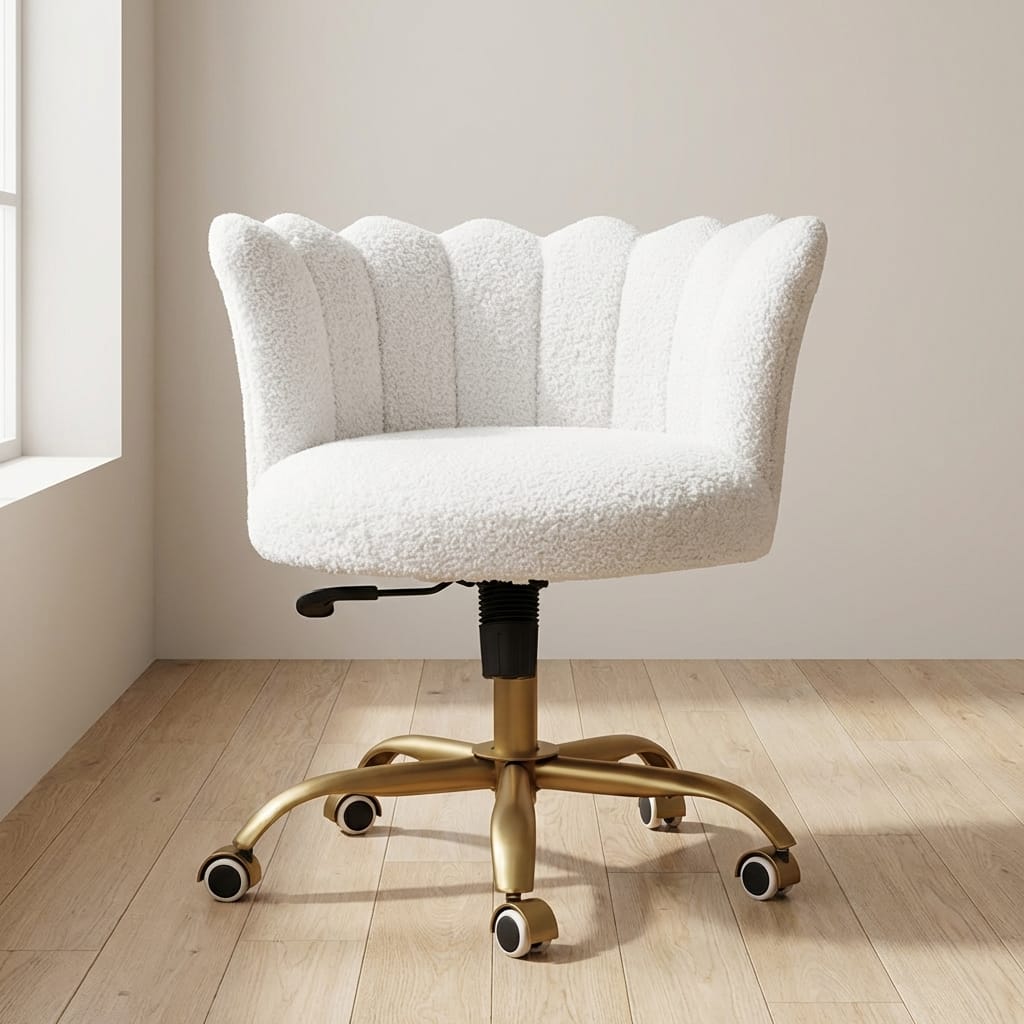 Handcrafted White Boucle Swival Chair in Solid Mango Wood - main view showing handcrafted solid mango wood chair