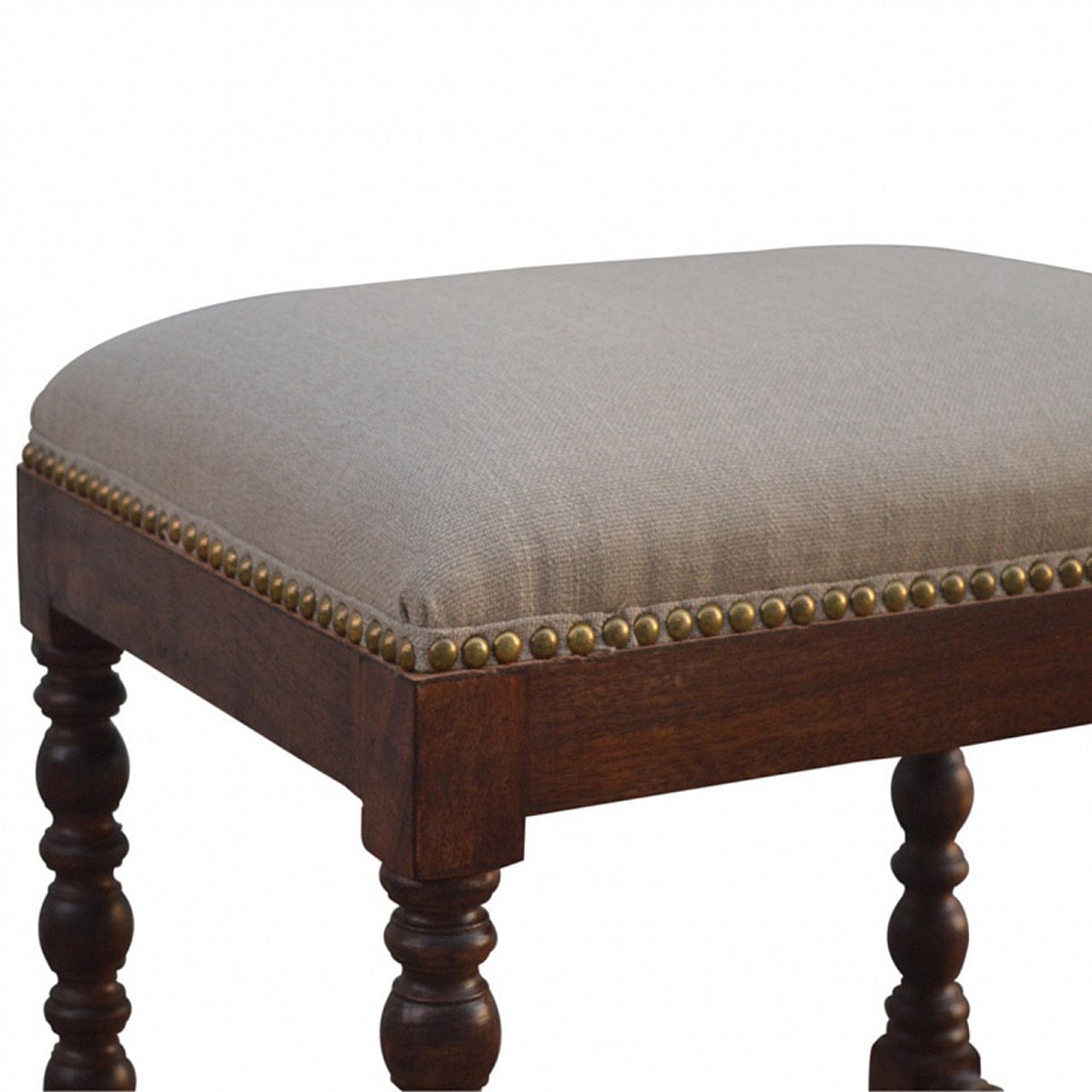 Handcrafted White Linen Occasional Footstool - Solid Mango Wood Accent Stool for Living Room - product view 3 showing...