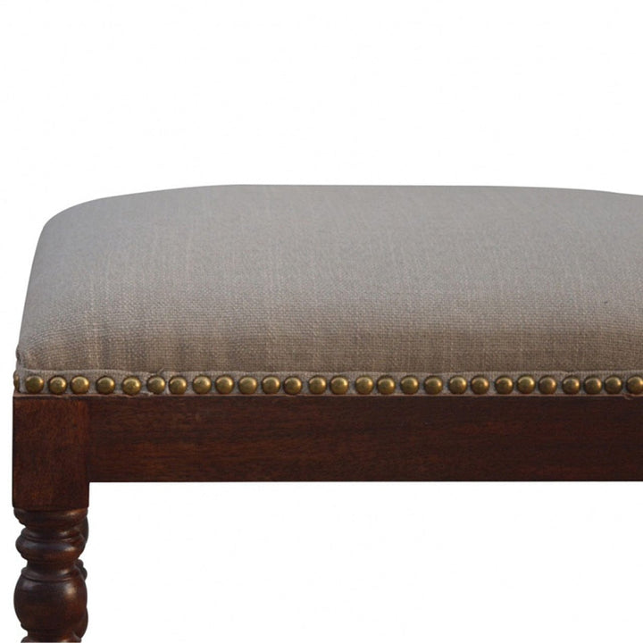 Handcrafted White Linen Occasional Footstool - Solid Mango Wood Accent Stool for Living Room - product view 4 showing...