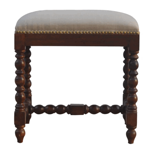 Handcrafted White Linen Occasional Footstool - Solid Mango Wood Accent Stool for Living Room - product view 7 showing...