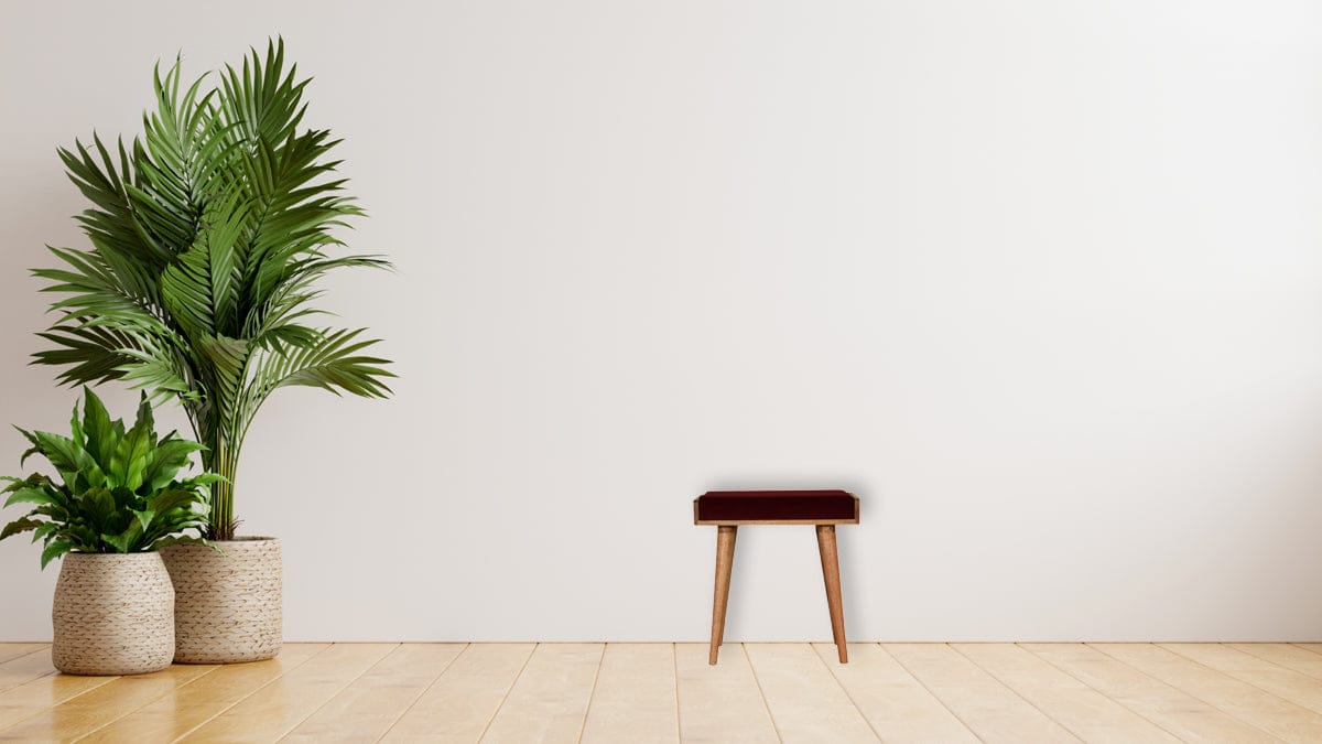 Handcrafted Wine Red Tray Style Footstool - Solid Mango Wood Accent Stool for Living Room - product view 8 showing...