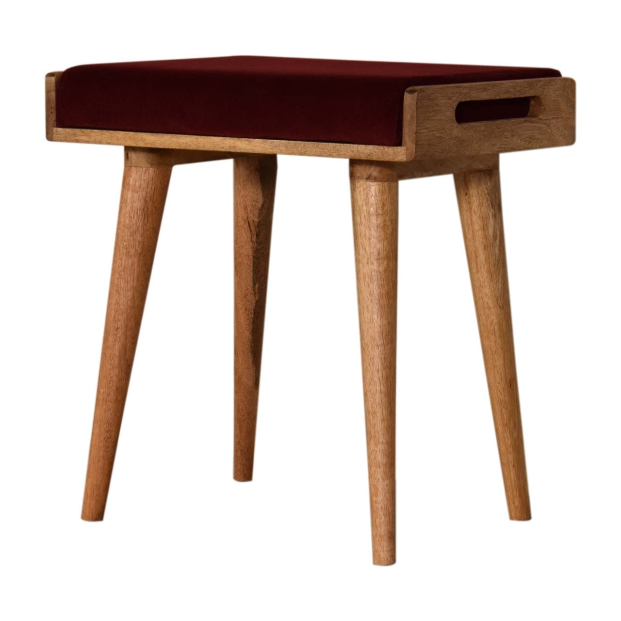 Handcrafted Wine Red Tray Style Footstool - Solid Mango Wood Accent Stool for Living Room - product view 2 showing...