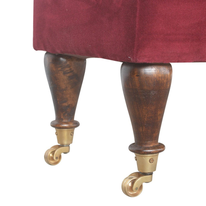 Handcrafted Wine Red Velvet Castor Bench - Solid Mango Wood Seating Furniture for Entryway - product view 6 showing...