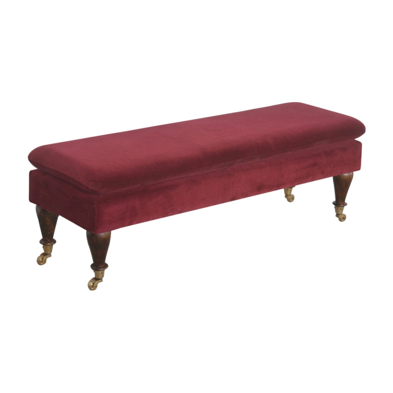 Handcrafted Wine Red Velvet Castor Bench - Solid Mango Wood Seating Furniture for Entryway - product view 4 showing...