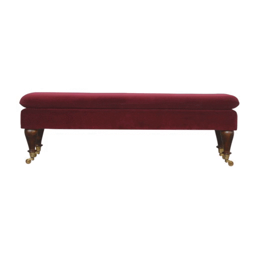 Handcrafted Wine Red Velvet Castor Bench - Solid Mango Wood Seating Furniture for Entryway - product view 8 showing...