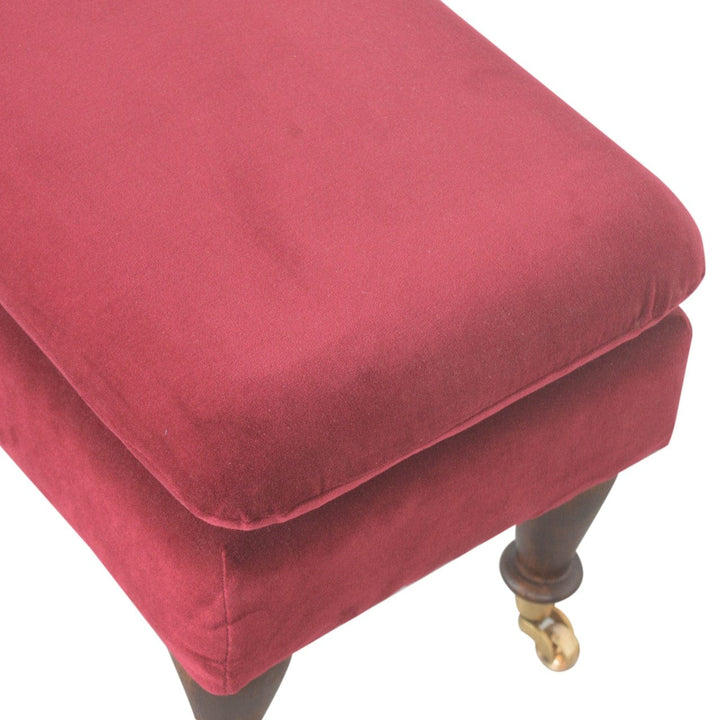 Handcrafted Wine Red Velvet Castor Bench - Solid Mango Wood Seating Furniture for Entryway - product view 5 showing...