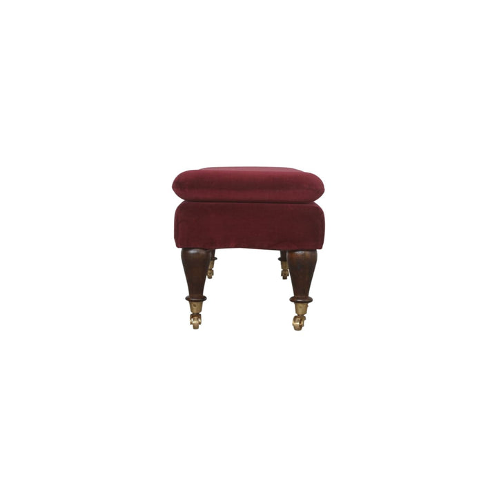 Handcrafted Wine Red Velvet Castor Bench - Solid Mango Wood Seating Furniture for Entryway - product view 7 showing...