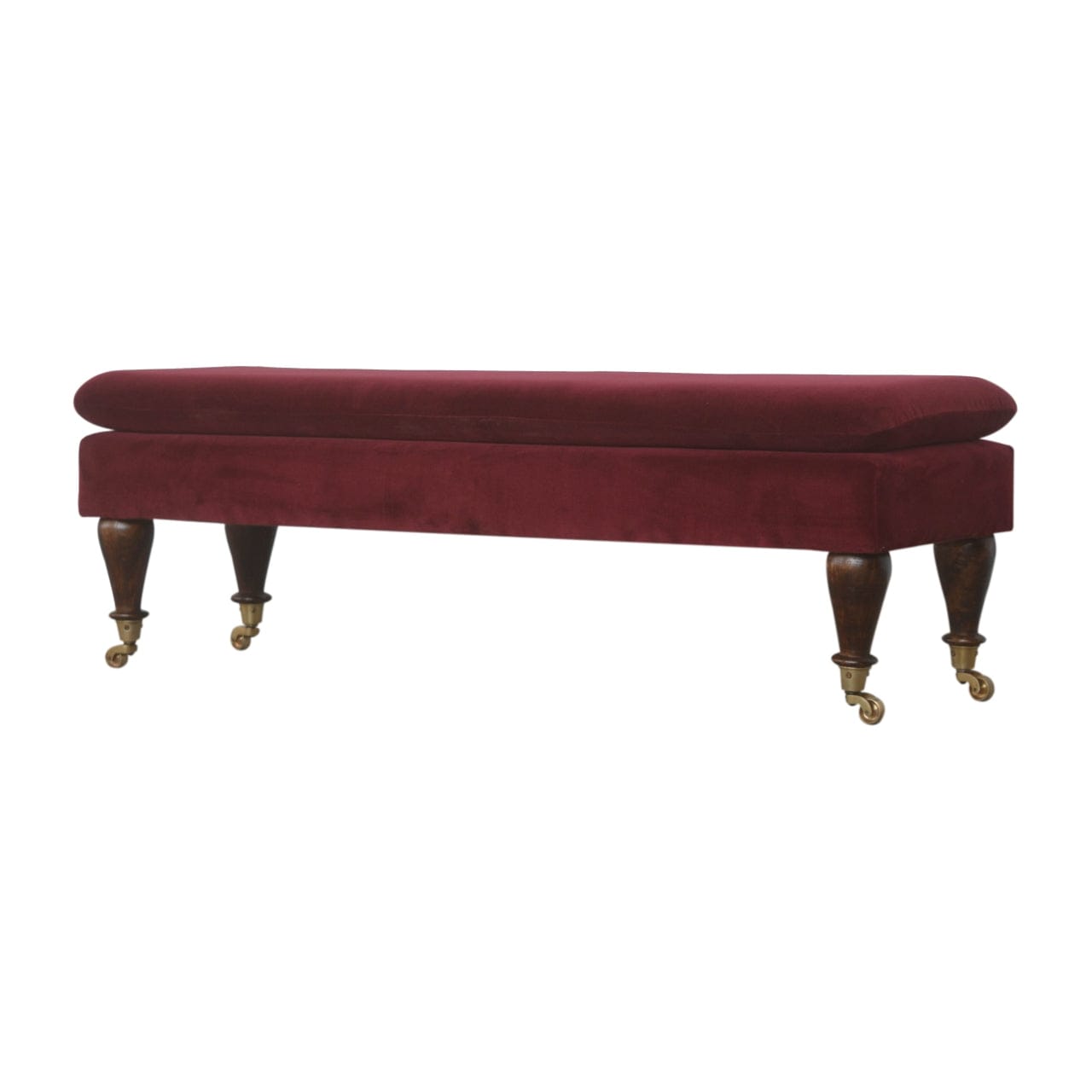Handcrafted Wine Red Velvet Castor Bench - Solid Mango Wood Seating Furniture for Entryway - product view 2 showing...