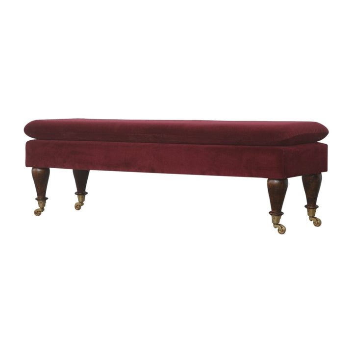 Handcrafted Wine Red Velvet Castor Bench - Solid Mango Wood Seating Furniture for Entryway - product view 2 showing...