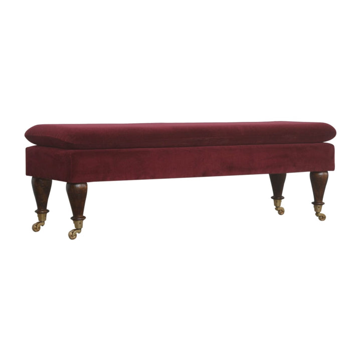 Handcrafted Wine Red Velvet Castor Bench - Solid Mango Wood Seating Furniture for Entryway - main view showing...
