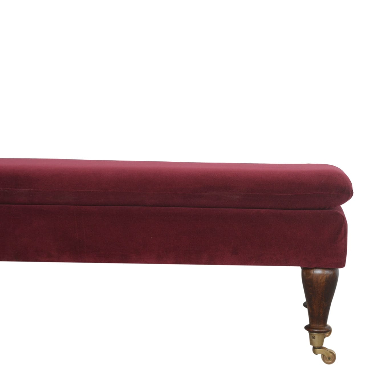 Handcrafted Wine Red Velvet Castor Bench - Solid Mango Wood Seating Furniture for Entryway - product view 3 showing...