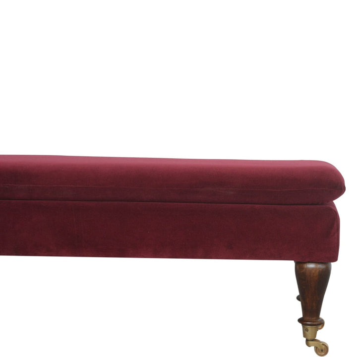 Handcrafted Wine Red Velvet Castor Bench - Solid Mango Wood Seating Furniture for Entryway - product view 3 showing...