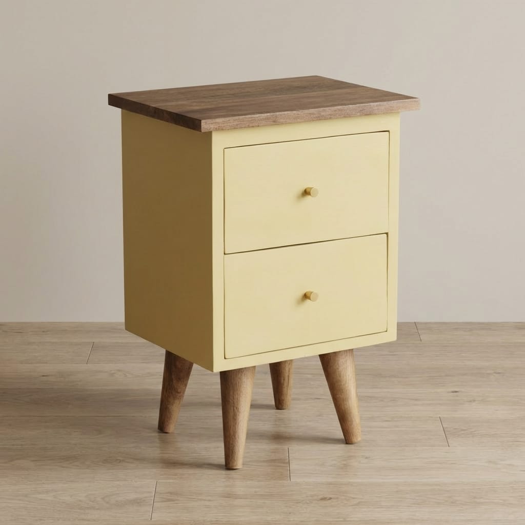 Handcrafted Yellow Hand Painted Nightstand - Solid Mango Wood Bedside Table for Bedroom - main view showing handcrafted...