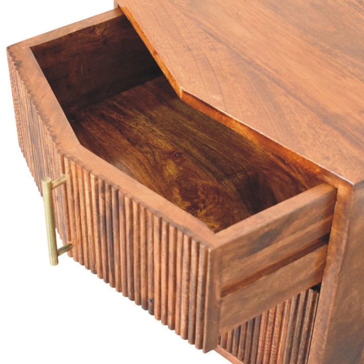 Harper Ribbed Chestnut Bedside Table - Solid Mango Wood Nightstand with Drawers - product view 2 showing handcrafted...