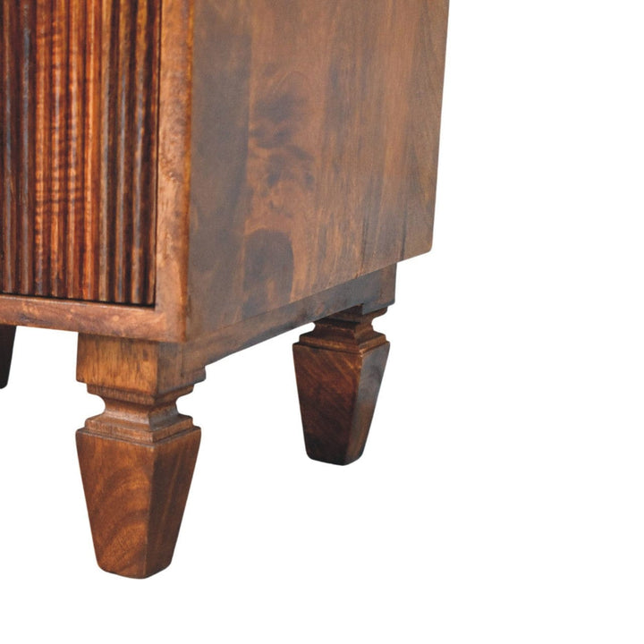 Harper Ribbed Chestnut Bedside Table - Solid Mango Wood Nightstand with Drawers - product view 3 showing handcrafted...