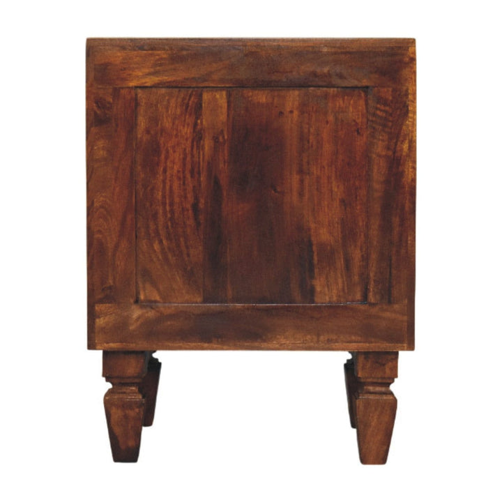 Harper Ribbed Chestnut Bedside Table - Solid Mango Wood Nightstand with Drawers - product view 8 showing handcrafted...