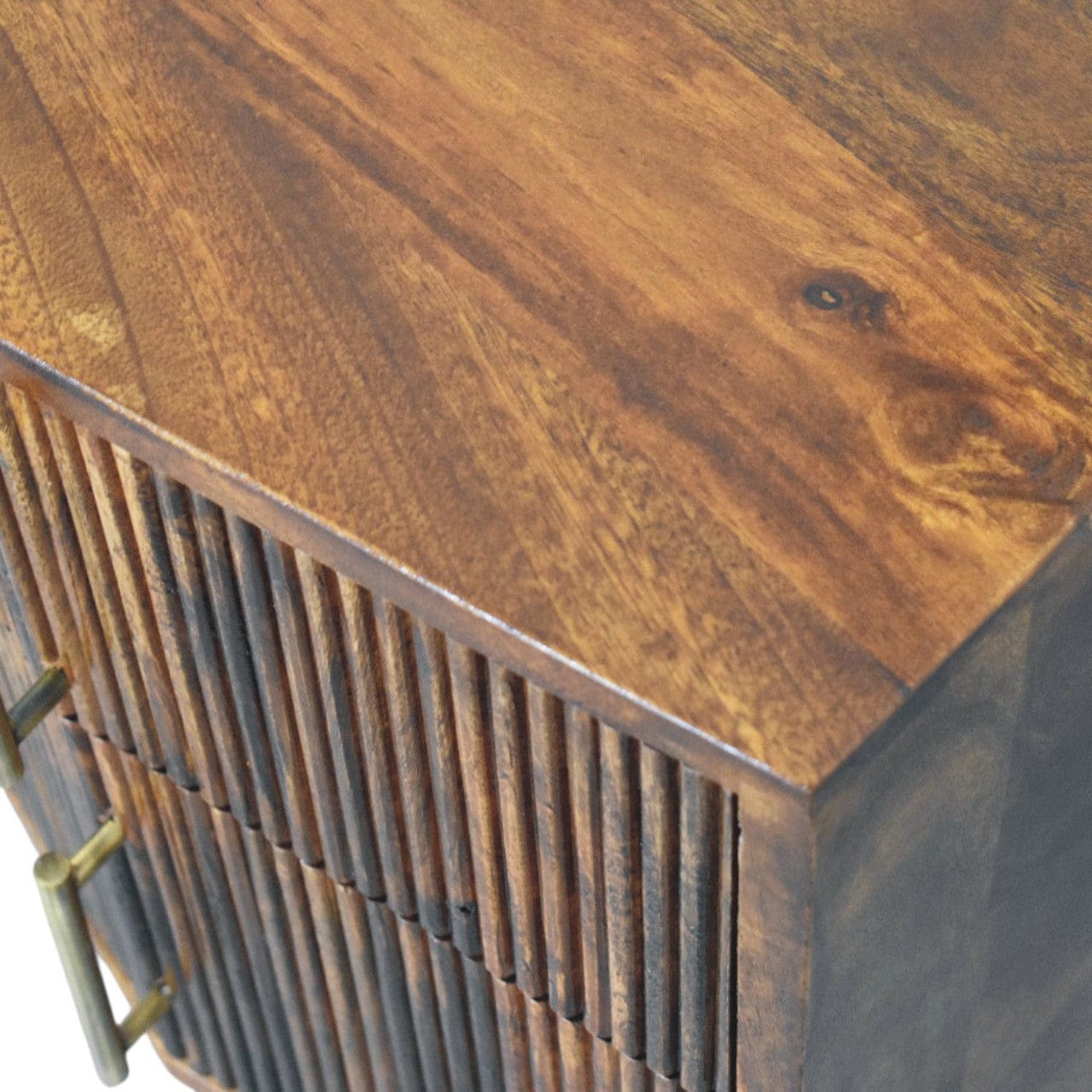 Harper Ribbed Chestnut Bedside Table - Solid Mango Wood Nightstand with Drawers - product view 5 showing handcrafted...