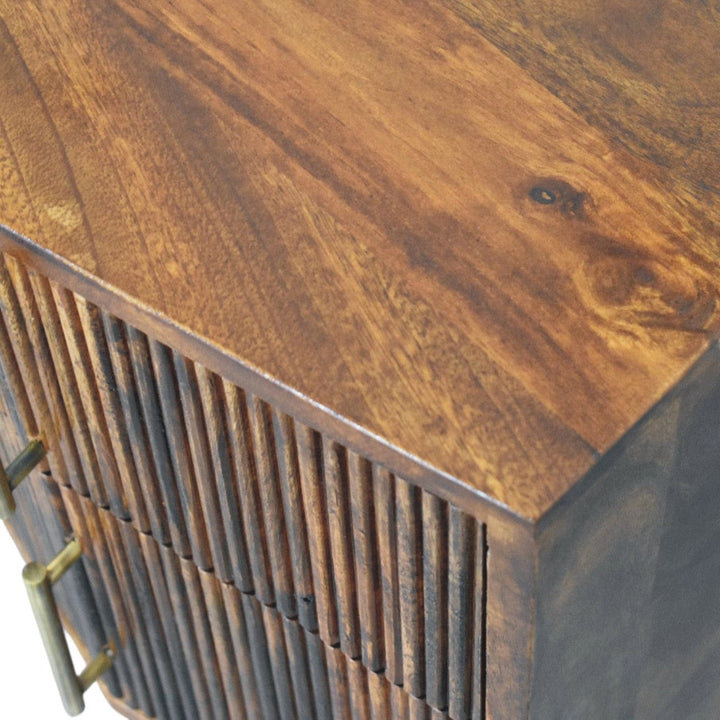 Harper Ribbed Chestnut Bedside Table - Solid Mango Wood Nightstand with Drawers - product view 5 showing handcrafted...
