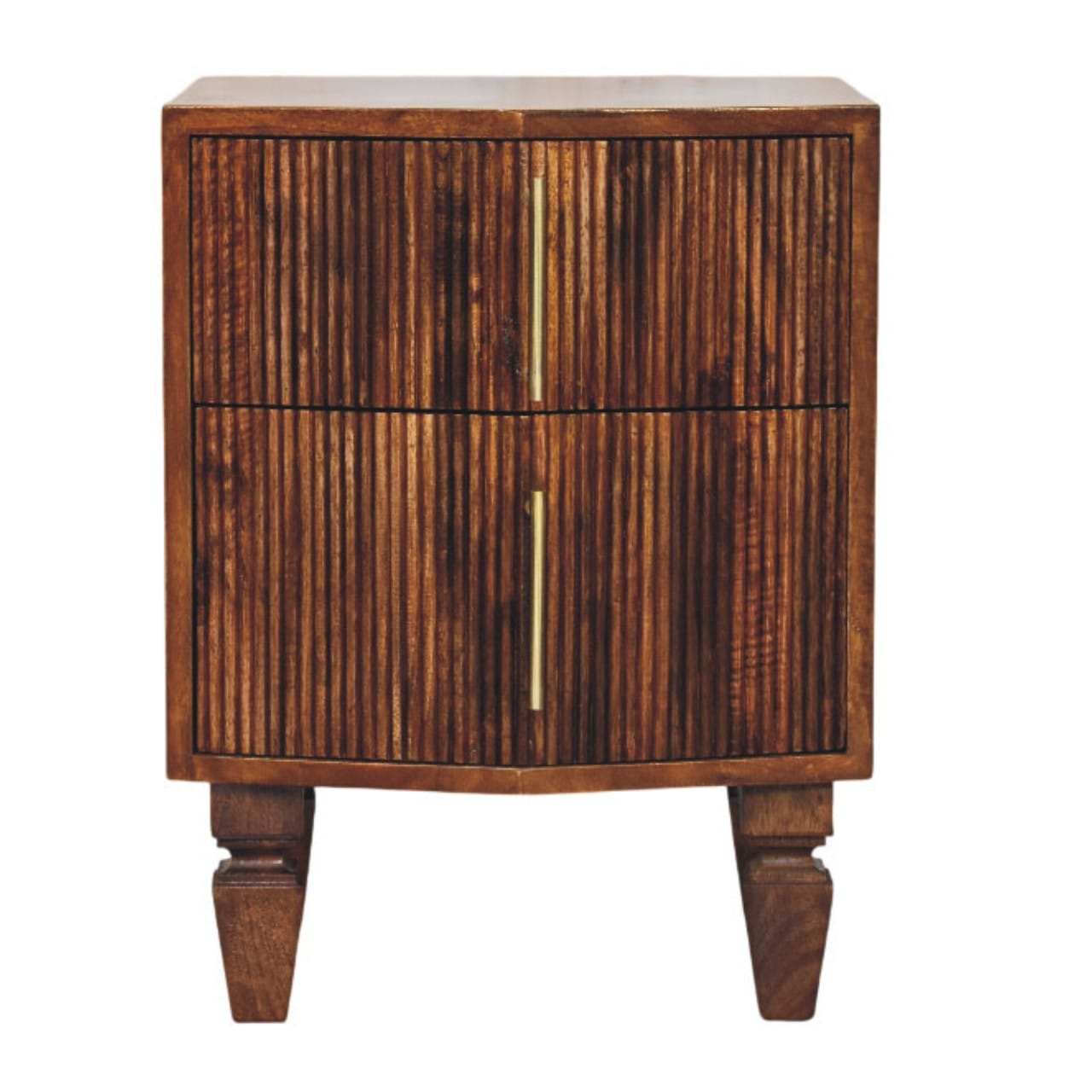 Harper Ribbed Chestnut Bedside Table - Solid Mango Wood Nightstand with Drawers - product view 9 showing handcrafted...