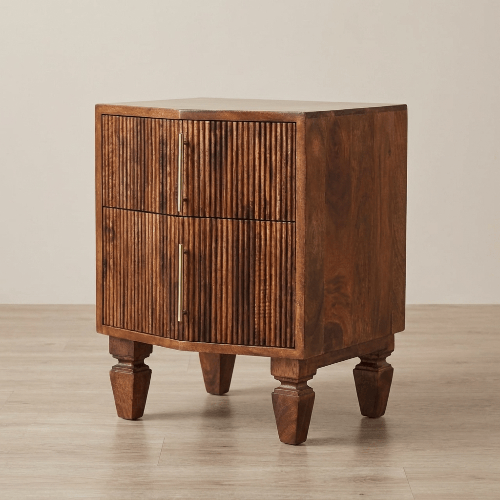 Harper Ribbed Chestnut Bedside Table - Solid Mango Wood Nightstand with Drawers - main view showing handcrafted solid...