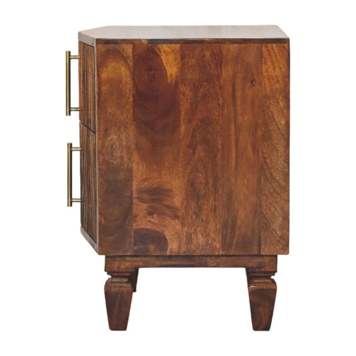 Harper Ribbed Chestnut Bedside Table - Solid Mango Wood Nightstand with Drawers - product view 7 showing handcrafted...